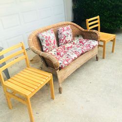 Wicker Loveseat And Wooden Chairs See Pictures, Details 
