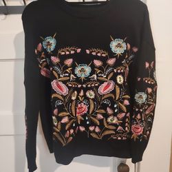 Black Floral Embroidered Crewneck Sweater