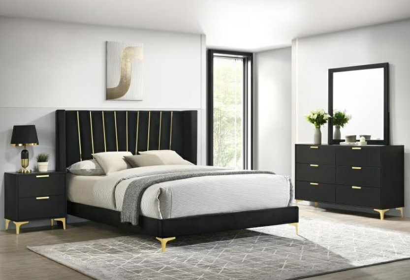 Kendall - 4 Piece Upholstered Tufted Queen Bedroom Set - Black
