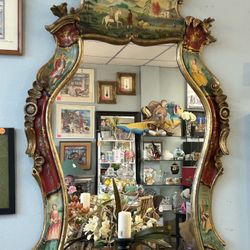 vintage Italian Florentine style mirror hand-carved, gilt wood frame decorated with countryside
