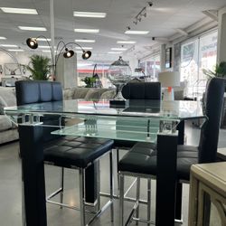 SQUARE  DINNING SET W 4 CHAIRS-TEMPERED GLASS S  STAINLESS STEEL & LEATHERETTE(WHT, BLK, OR GREY 