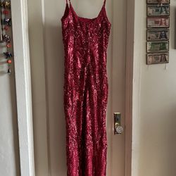 M Size Red Sequin Long Evening Dress In Excellent Condition 