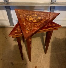 Set of 2 Vintage Italian Marquetry Inlaid Triangle tables