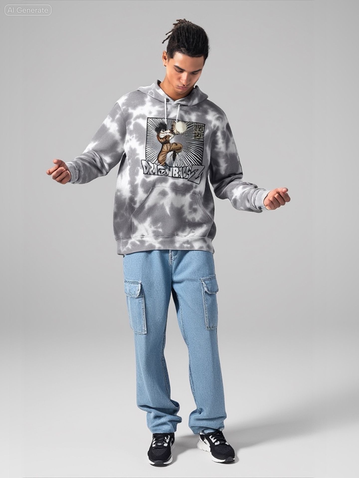 Dragon Ball Goku Kahmehameha Blast Kanji Logo Cloud Wash Ground Pullover Hoodie L