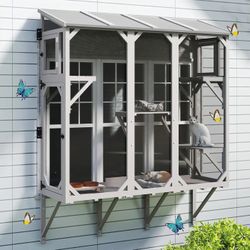 Wooden Cat Window Box Enclosure for Multiple Indoor Cats, Small Pet Perch House