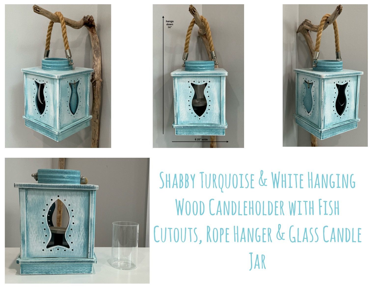 Shabby Turquoise & White Hanging Wood Candleholder with Fish Cutouts, Rope Hanger & Glass Candle Jar