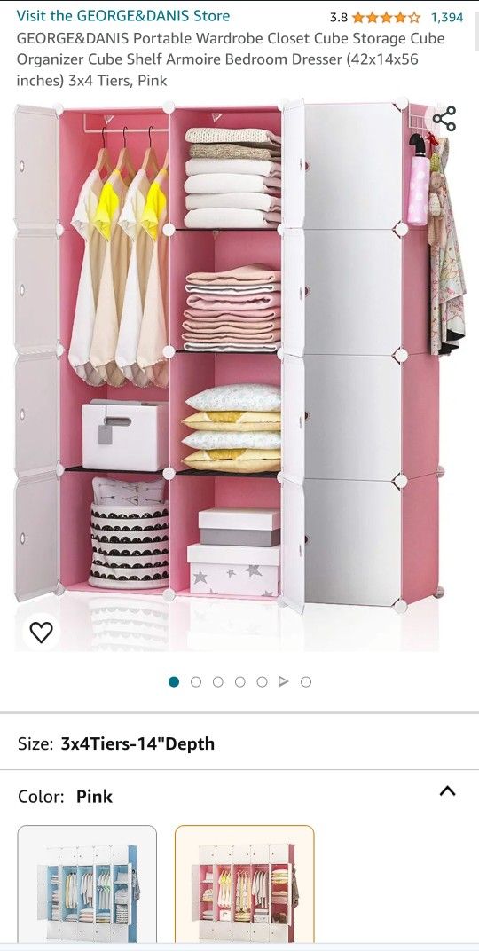 GEORGE&DANIS Portable Wardrobe Closet Cube Storage Cube Organizer Cube Shelf Armoire Bedroom Dresser (42x14x56 inches) 3x4 Tiers, Pink

