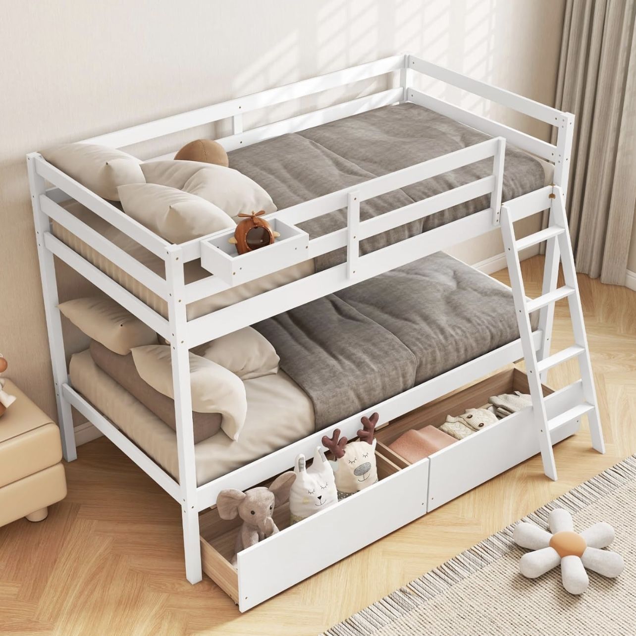 KOTEK Bunk Bed Twin Over Twin with 2 Storage Drawers, Solid Wood Bunk Bed Frame with Storage Cube, Guardrails, Ladder, No Box Spring Needed, Twin Bunk