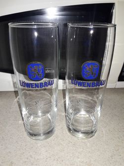 2 tall lowenbrau glass