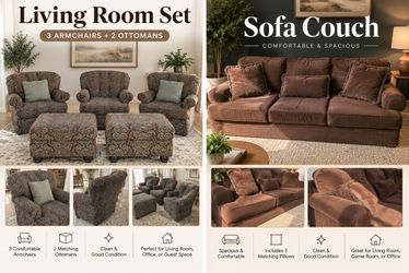 Living Room Set – 3 Armchairs, 2 Ottomans & Sofa