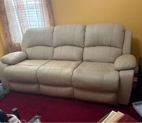 Beige Leather Reclining Sofa 3-Seater