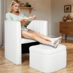 Reading Accent Chair with Storage Ottoman, Modern Living Room Armchair, Cream Boucle Upholstered Barrel Sherpa Chair with Footrest for Bedroom/Reading