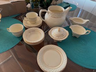 Vintage Bridgerton Style Fine China Tea Luncheon Set Ivory with 22 Karat Gold Trim Embossed