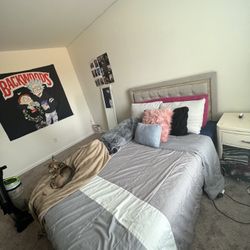 grey full size bed AND mattress with built in lights on headboard