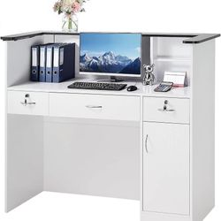 VEVOR Reception Desk, 50 inch Rectangular Front Counter Table, Modern Office Reception Desk with Light Strip, 3 Drawers & Storage Cabinets, Retail Cou