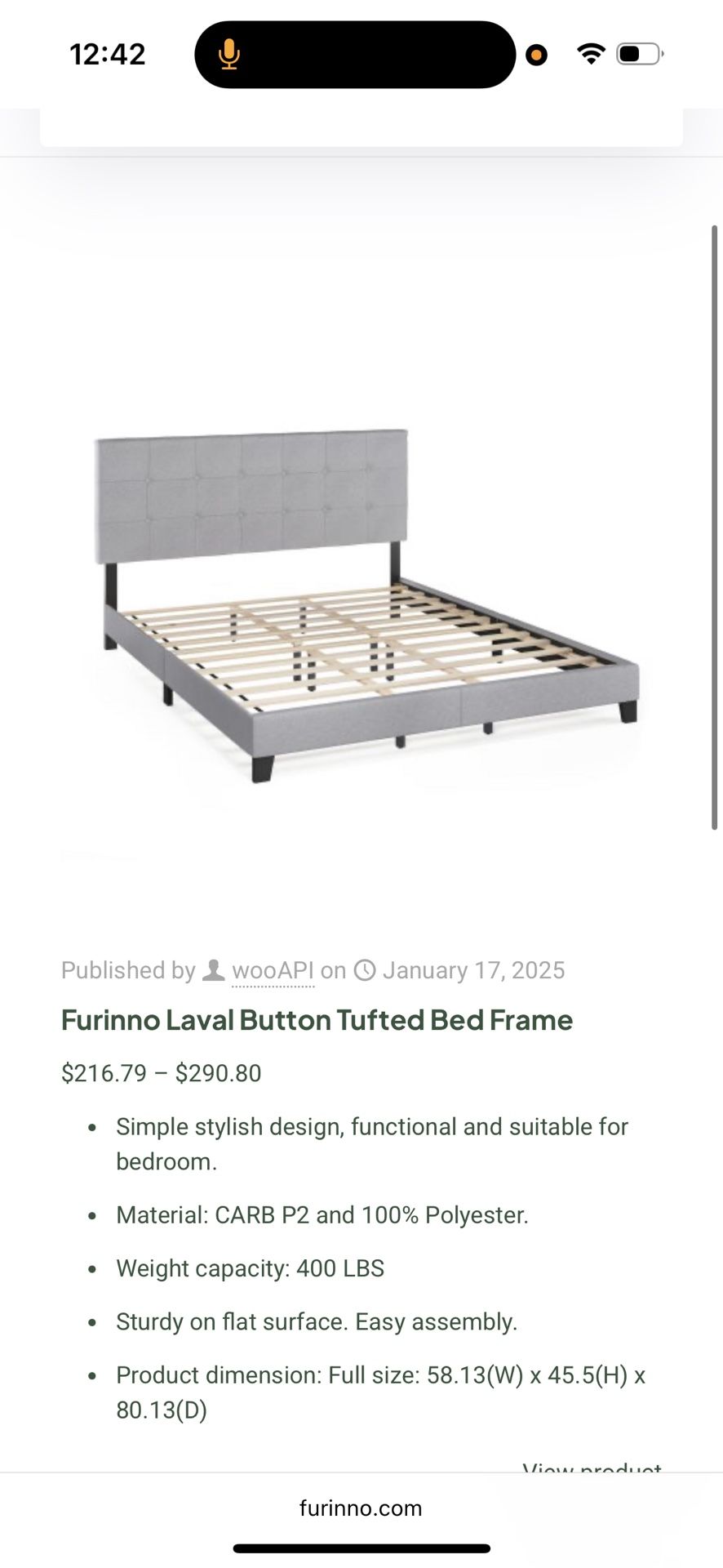 Button Tufted Queen Bed Frame - NEW