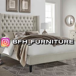 Queen Ivory Modern Wingback Button Tufted Bed w. Orthopedic Mattress included 