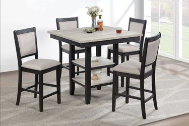 🪙 High Dining Set 5 Pc, Shelves, Fabric Upholstered, Black Frame, Light Gray Top, New in the Box.