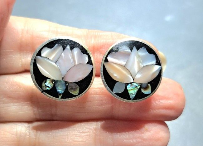 Vintage Silver Abalone / Mother Of Pearl Lotus Flower Earrings