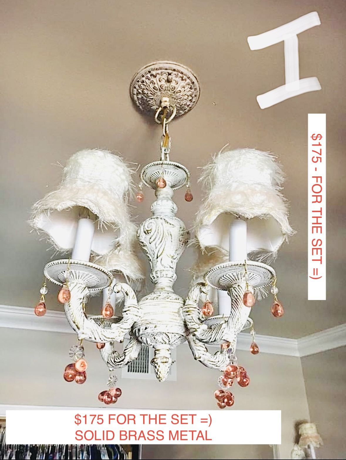 CHANDELIER + PAIR OF WALL LIGHT SCONCES - WHITE SOLID BRASS