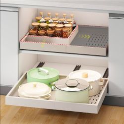 Pull out Cabinet Organizer,Width (14"-21") and Depth (17"-24") Expandable With 3 Rails,No Drill Adjustable Slide out Drawers for Kitchen,Pantry,Adhesi