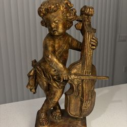 Vintage Borghese 14” Gold Cherub Cello Statue Italian Style Baroque Figurine