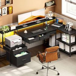 L Shaped Desk with 5 File Drawers, 66" Reversible L Shaped Computer Desk with Power Outlet & LED Strip, Office Desk with Storage Shelves, Gaming Desk