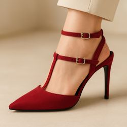 Women’s Red Suede T-Strap Ankle Slingback Heels Size 5 | New Elegant Party Shoes