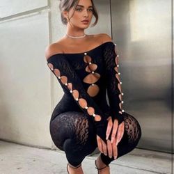 Women sexy Lingerie see through mesh jumpsuit fishnet low-cut long-sleeved bodysuit bodystockings cluboutfit