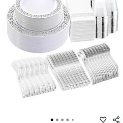 350 piece silver and white plastic dinnerware set for wedding birthday quince etc