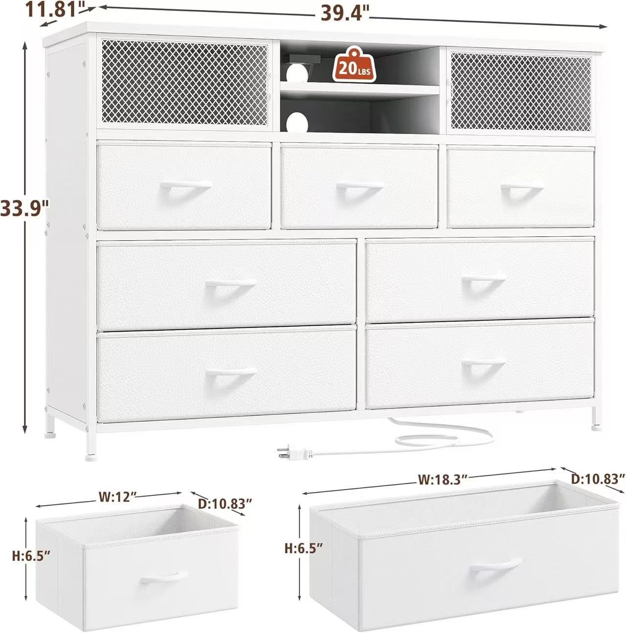 🥨White Dresser TV Stand with Power Outlet Dresser for Bedroom with 7 Fabric Drawers TV Stand for Bedroom TV Console Table with Storage Entertainment