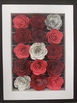 15 Red Paper Flowers/Roses Shadow Box Frame