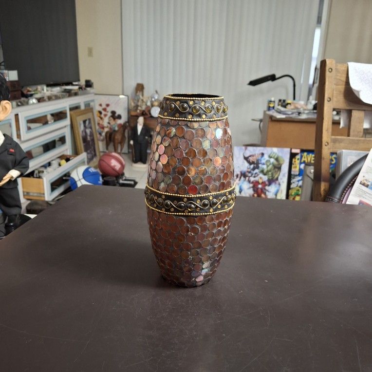 Vintage 1970's Oval Banded Round Mosaic Vase With Beautiful Rustic Coloring 9.5" Tall