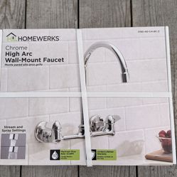 Homewerks Chrome High Arc Wall Mount 2-Handle Utility Faucet Stream &Spray  NEW