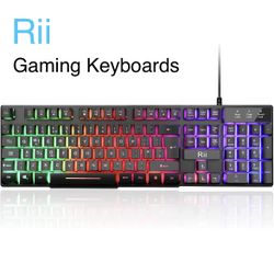 Rii RK100+ Rainbow Backlit LED SLIM KEYBOARD • Ergonomic, USB-Wired, Black