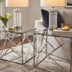 2 Matching Chrome & Glass - End Tables / Night Stands - Geometric