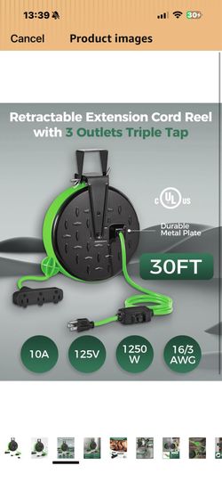 WILAWELS 30 ft Retractable Extension Cord Reel 3 Outlets Green
