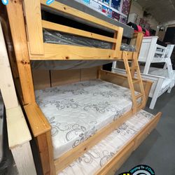 Triple Bunk Bed Natural Pine Wood Twin/ Full With Full Pull Out Bed Set 