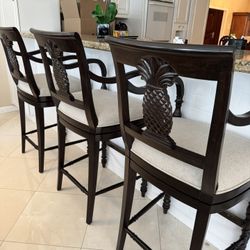 Set of 5 Frontgate Pineapple Bar Stools – Swivel, Wood Frame, Upholstered Seats