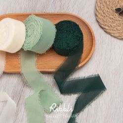 Handmade Fringe Chiffon Silk Ribbon 1” x 3 Rolls Total 24 Yards Ivory/Sage/Forest Green NEW!!