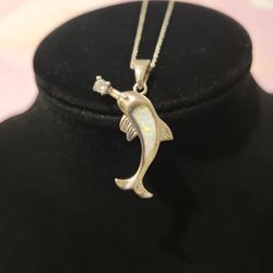 Dolphin Pendant Necklace With Opal Inlay On 18" Sterling Silver Chain F8