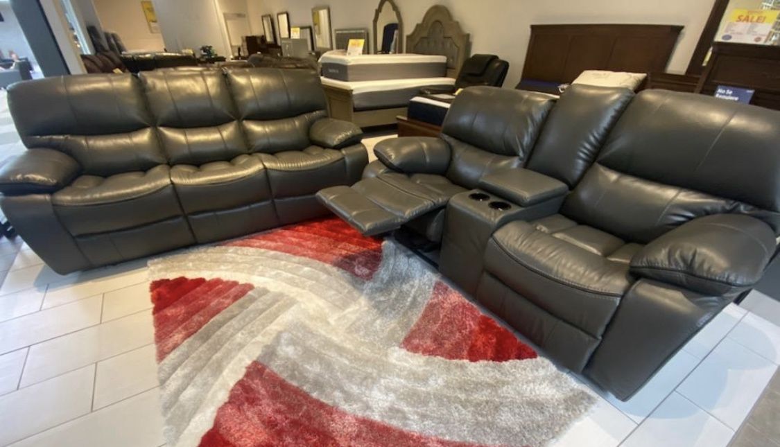 Summer clearance sale. Madrid, gray leather reclining sofa and loveseat now $1199. Easy finance option. Same-day delivery.