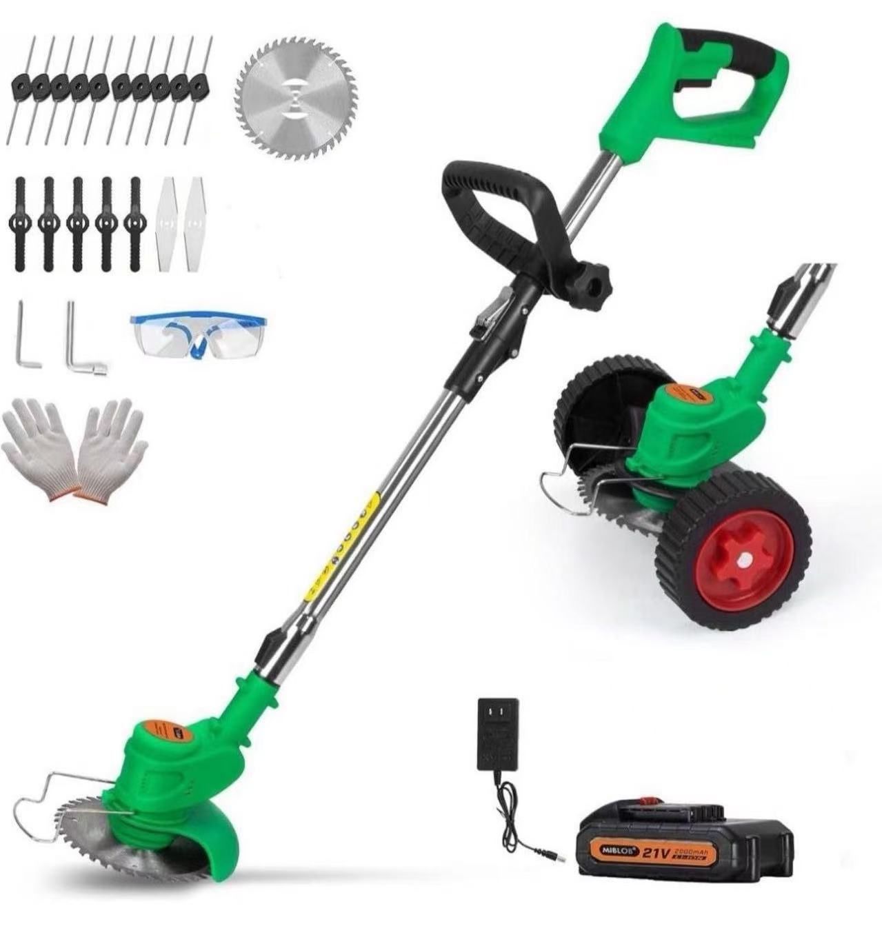 21V Cordless Weed Wacker,Electric Lawn Edger with 1 Battery and Charger,Lightweight Grass Trimmer with 4 Types Cutting Blade,String Trimmer with Wheel