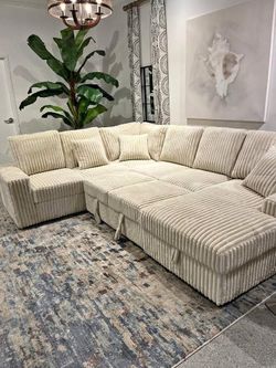 😍 Brand New Cream Corduroy U-Shaped Sectional Sofa Couch | Oversized Sleeper Couch | Pull-Out Bed | Double Chaise | Cup Holders & Charging Ports