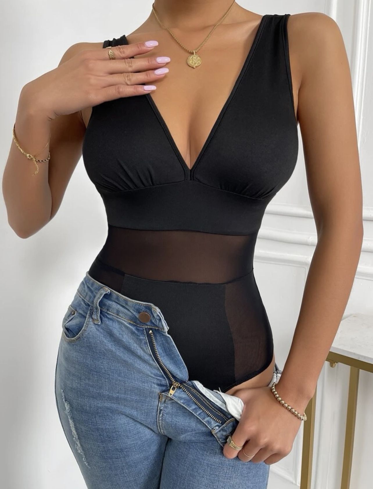 Sexy Mesh Insert Tank Bodysuit