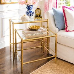 Pair 2 Vintage Glass Metal Gold Tables Mid Century Regency Art Deco Style Nesting Tables End Tables Nightstands 