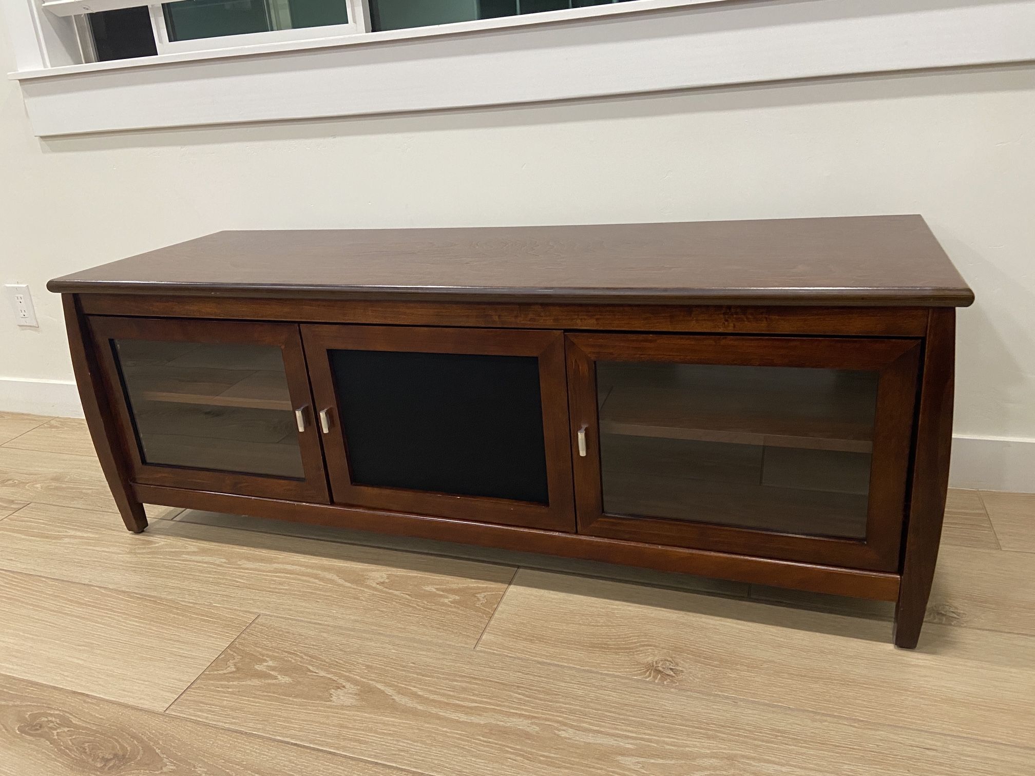 Modern Dark Wood TV Stand / Entertainment Center with Glass Doors – 60” Wide