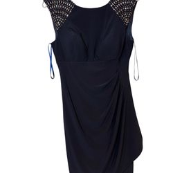 CACHE Midnight Blue Evening Dress SZ 8 Made in USA Ruched, Sleeveless Jewels EUC