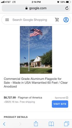 COMMERCIAL GRADE ALUMINUM FLAGPOLE FOR SALE MADE IN USA 60 FT TALL SATIN FINISH INTERNAL HALYARD