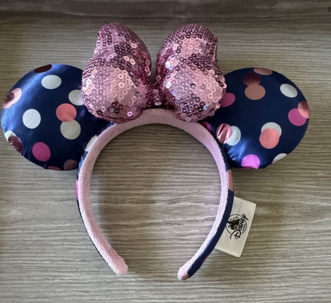 Authentic Disney Parks Navy Polka Dot with Pink Sequin Bow Minnie/Mickey Ears